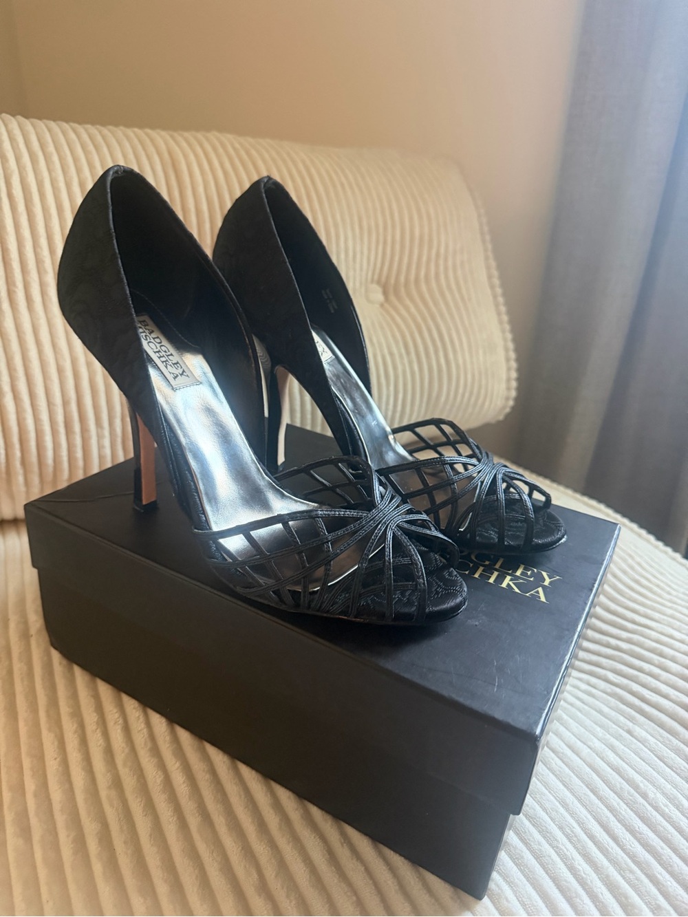 Badgley Mischka Black Lattice Open-Toe Stiletto Heels